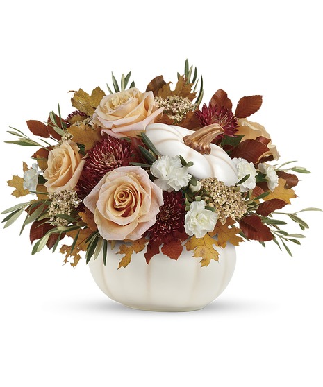 Autumn flowers in creme ceramic pumpkin
