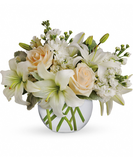 White and Cream Flowers in a Glass Bubble Bowl