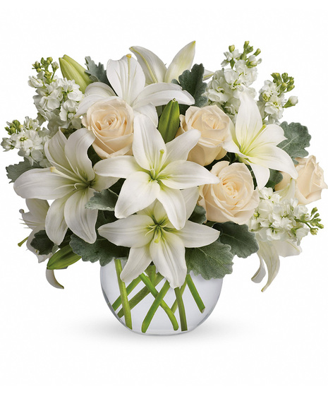 White and Cream Flowers in a Glass Bubble Bowl