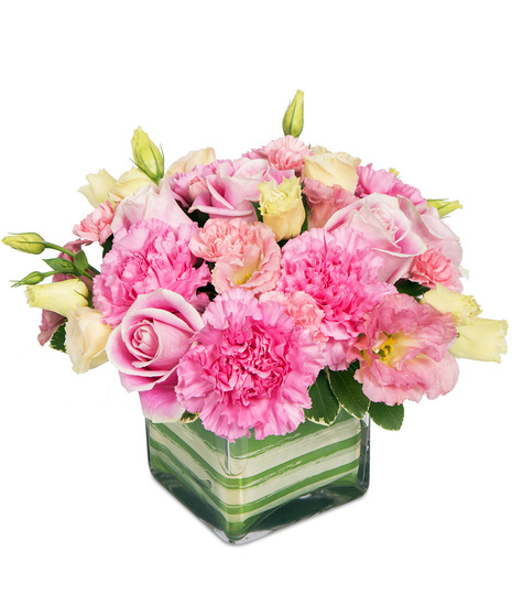 Pink and yellow flowers in a cube vase