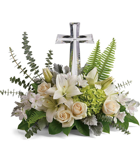 White and Cream Sympathy Flowers with Cross