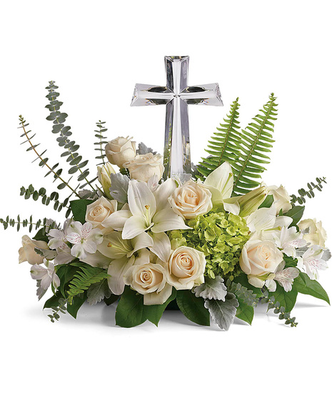 White and Cream Sympathy Flowers with Cross