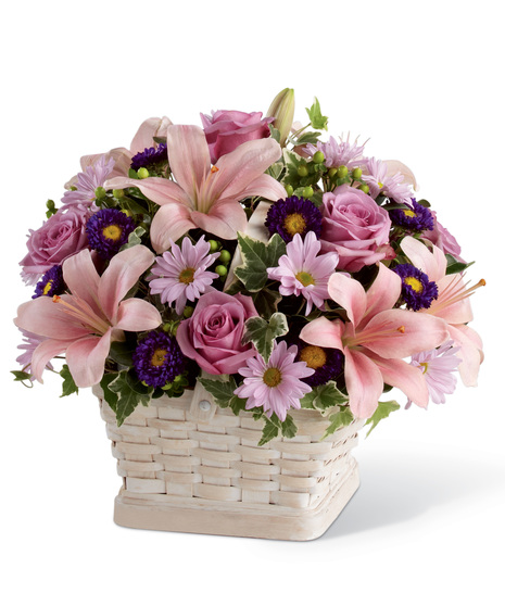 Lavender, Pink and Purple Flowers in a Handled Basket