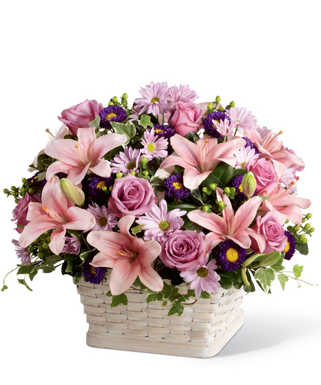 Lavender, Pink and Purple Flowers in a Handled Basket