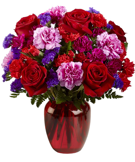 Romantic Flowers in a Red Glass Vase