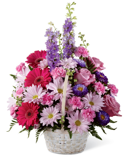 Handled Basket of Pink and Purple Flowers
