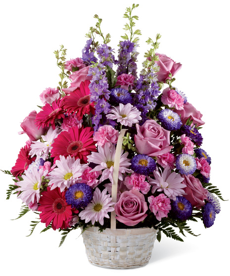 Handled Basket of Pink and Purple Flowers