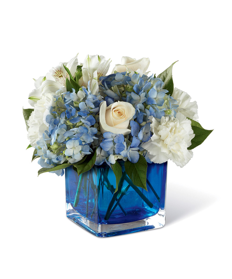 Blue & White Flowers in a Blue Cube Vase