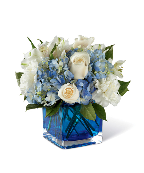Blue & White Flowers in a Blue Cube Vase