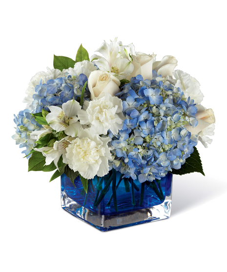 Blue & White Flowers in a Blue Cube Vase