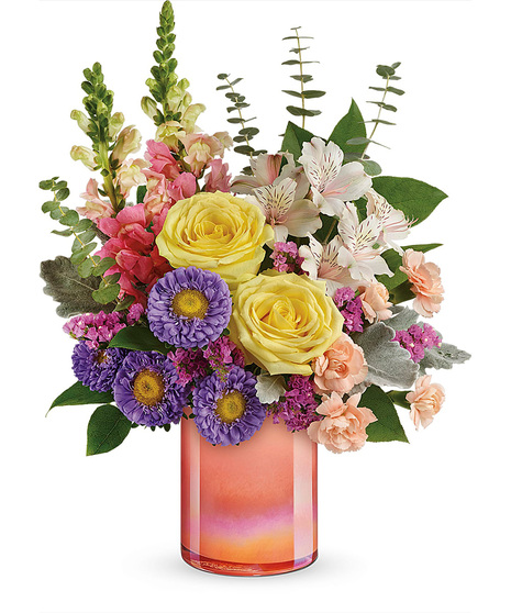 Bright Spring Flowers in Iridescent peach vase