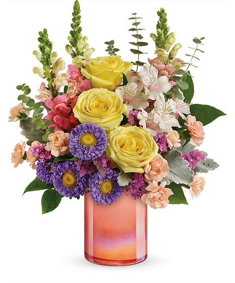 Bright Spring Flowers in Iridescent peach vase