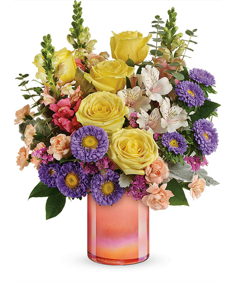 Bright Spring Flowers in Iridescent peach vase