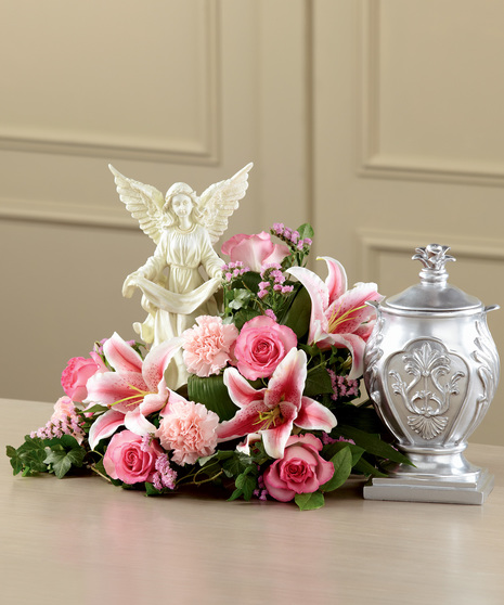 Pink Cremation Flowers with Angel Figurine