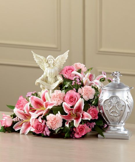 Pink Cremation Flowers with Angel Figurine