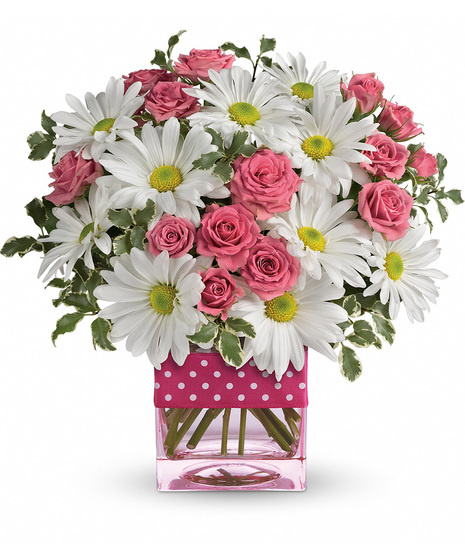 Cube vase of pink and white flowers