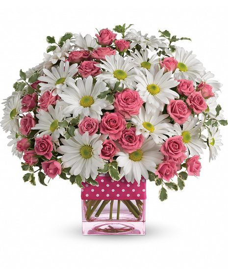 Cube vase of pink and white flowers