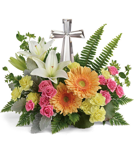 Orange, Pink, Yellow and White Flowers with Cross