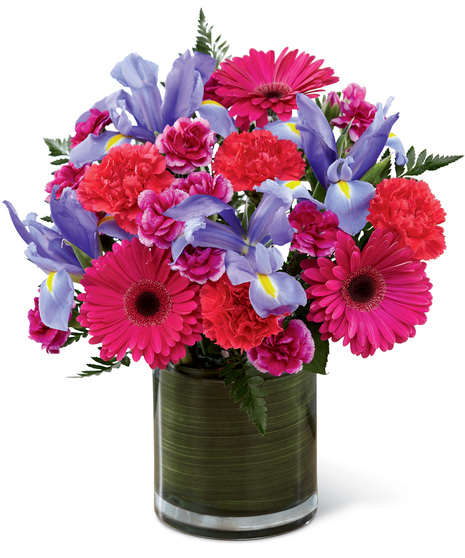 Pink, Hot Pink and Blue Flowers in a Cylinder Vase