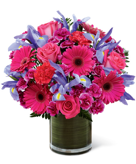 Pink, Hot Pink and Blue Flowers in a Cylinder Vase