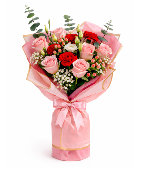 Rosé Romance hand-tied bouquet with pink roses, red carnations, white lisianthus, baby's breath, hypericum berries and eucalyptus