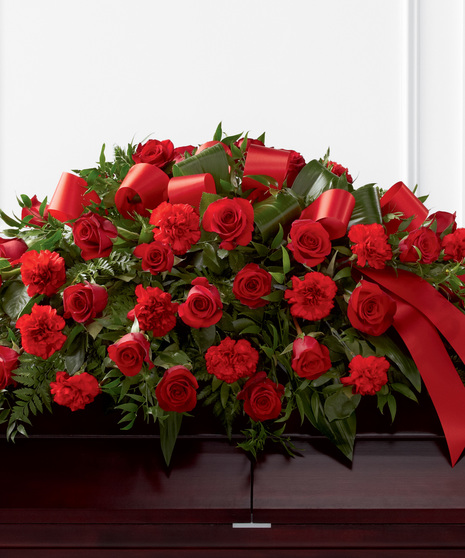 Casket Spray of Red Roses and Red Carnations