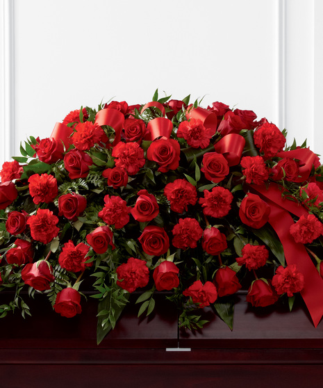 Casket Spray of Red Roses and Red Carnations