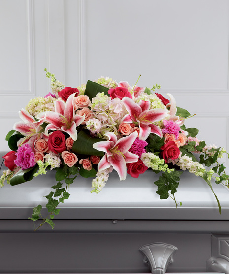 Casket Spray of Mixed Flowers in Mostly Pink Hues
