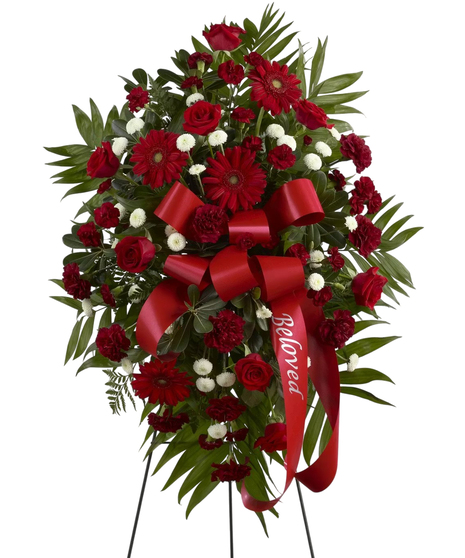 Standing Funeral Spray of Red and White Flowers
