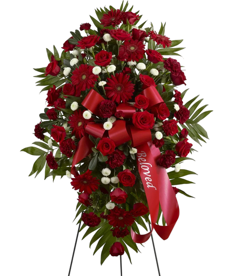 Standing Funeral Spray of Red and White Flowers