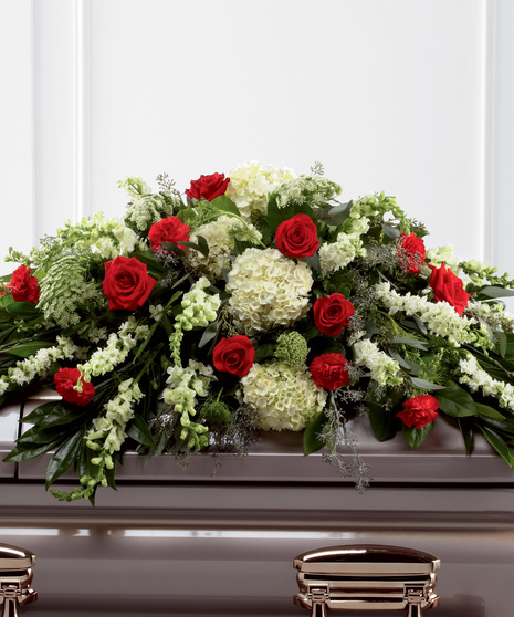 Red and White Casket Spray with Roses and Hydrangea