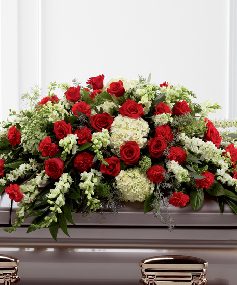 Red and White Casket Spray with Roses and Hydrangea