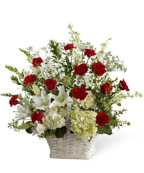 Red and White Flowers in a Sympathy Basket