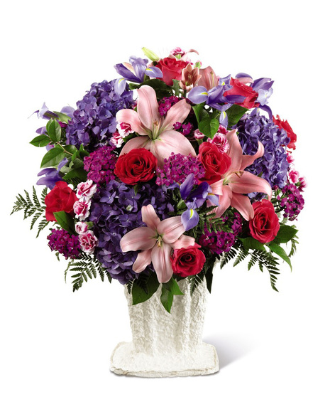 Hydrangea, Roses, Lilies and Iris in a Mache Urn