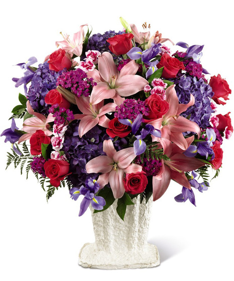 Hydrangea, Roses, Lilies and Iris in a Mache Urn
