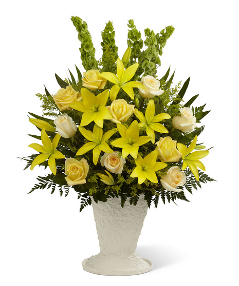 Yellow Roses and Lilies with Cream Roses and Bells of Ireland
