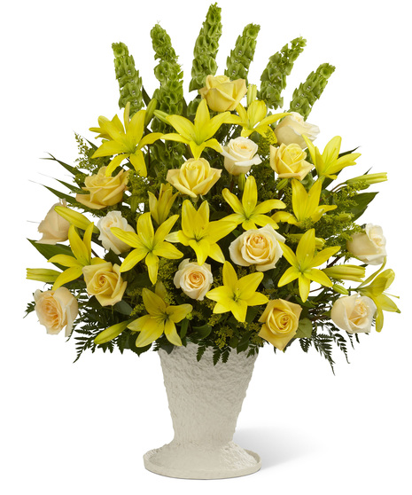 Yellow Roses and Lilies with Cream Roses and Bells of Ireland