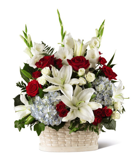 Red, White and Blue Flowers in a Sympathy Basket