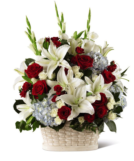 Red, White and Blue Flowers in a Sympathy Basket