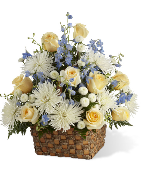 White, Blue and Cream Flowers in a Handled Basket