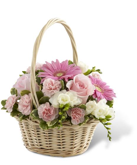 Pink and White Flowers in a Handled Basket