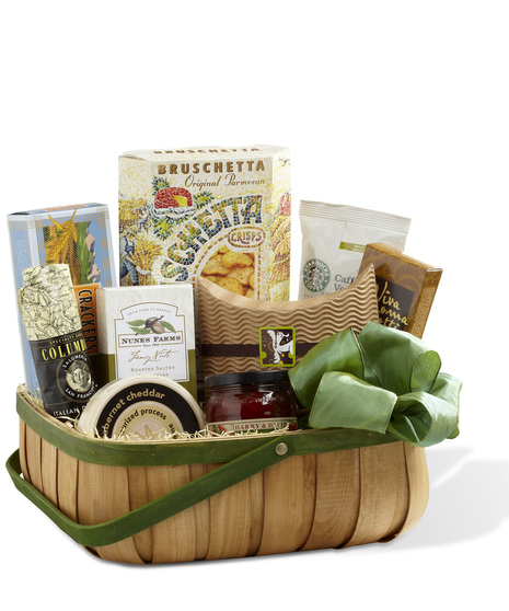 Assorted Gourmet  Food Items in Natural Woodchip Basket