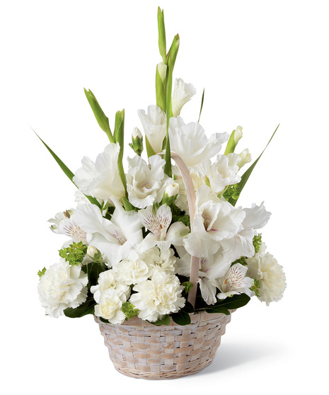 White Sympathy Flowers in a Handled Basket