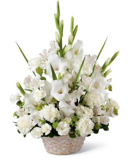 White Sympathy Flowers in a Handled Basket