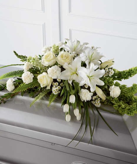 White Casket Spray with Green Bells of Ireland