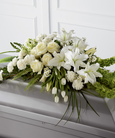 White Casket Spray with Green Bells of Ireland