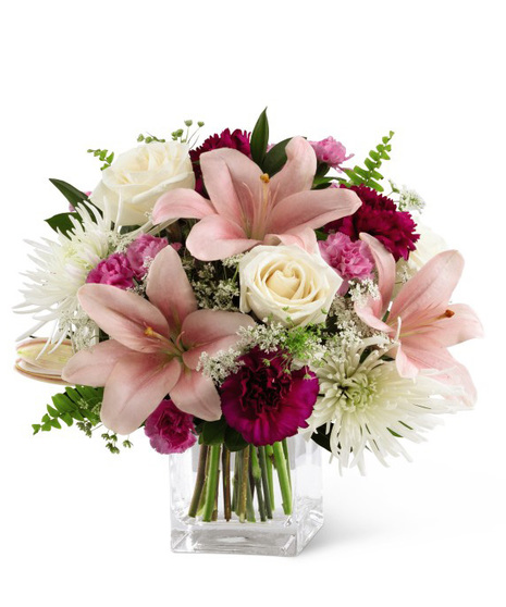 Cube Vase of Pink, Cream and Burgundy Sympathy Flowers