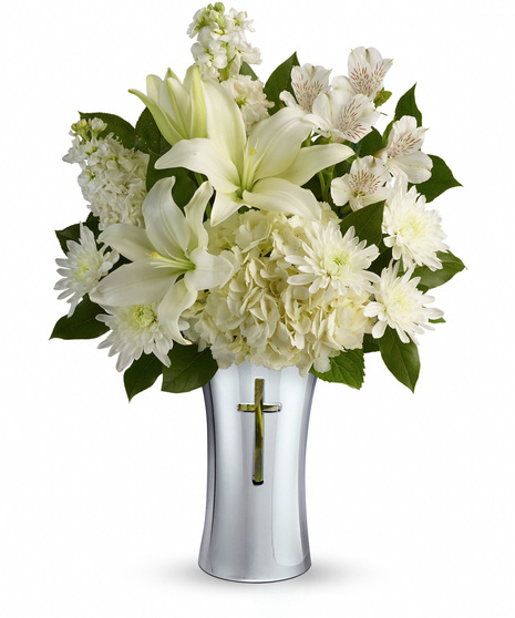 White Sympathy Flowers in a Vase with Cross