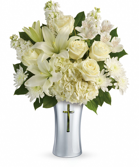 White Sympathy Flowers in a Vase with Cross
