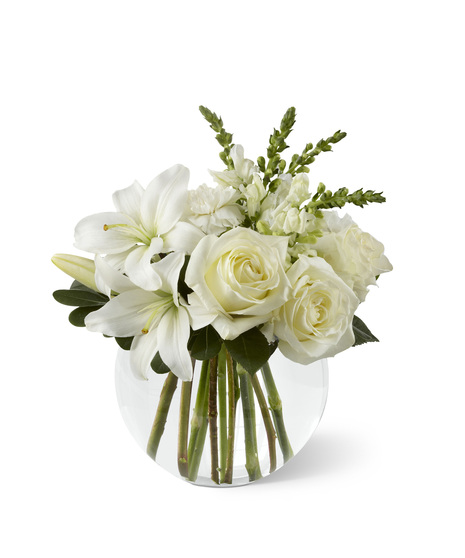 White Sympathy Flowers in a Glass Bowl